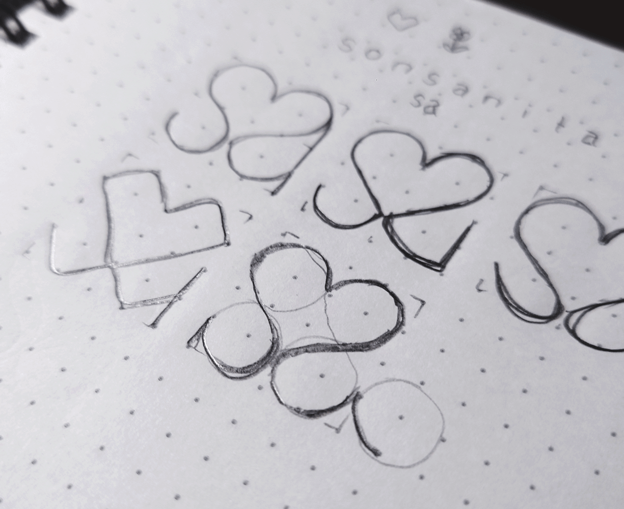 Logo design sketch for sonsanita.com: Heart-shaped design incorporating the letters 's' and 'a'.